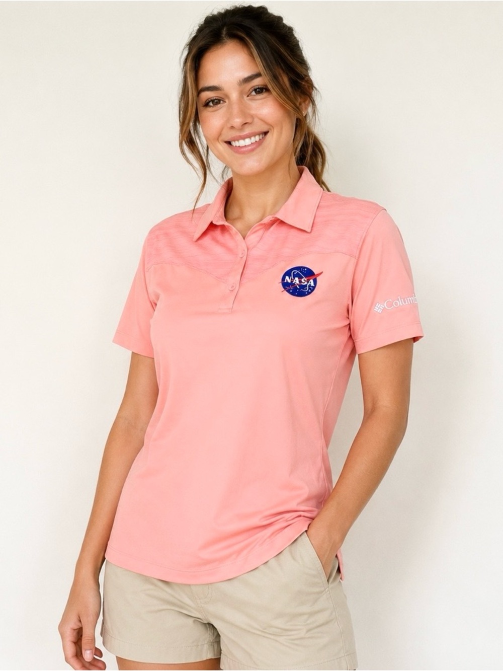 COLUMBIA Polo Shirt NASA Embroidered  Logo Stripe Pațtern On The Upper Chest
